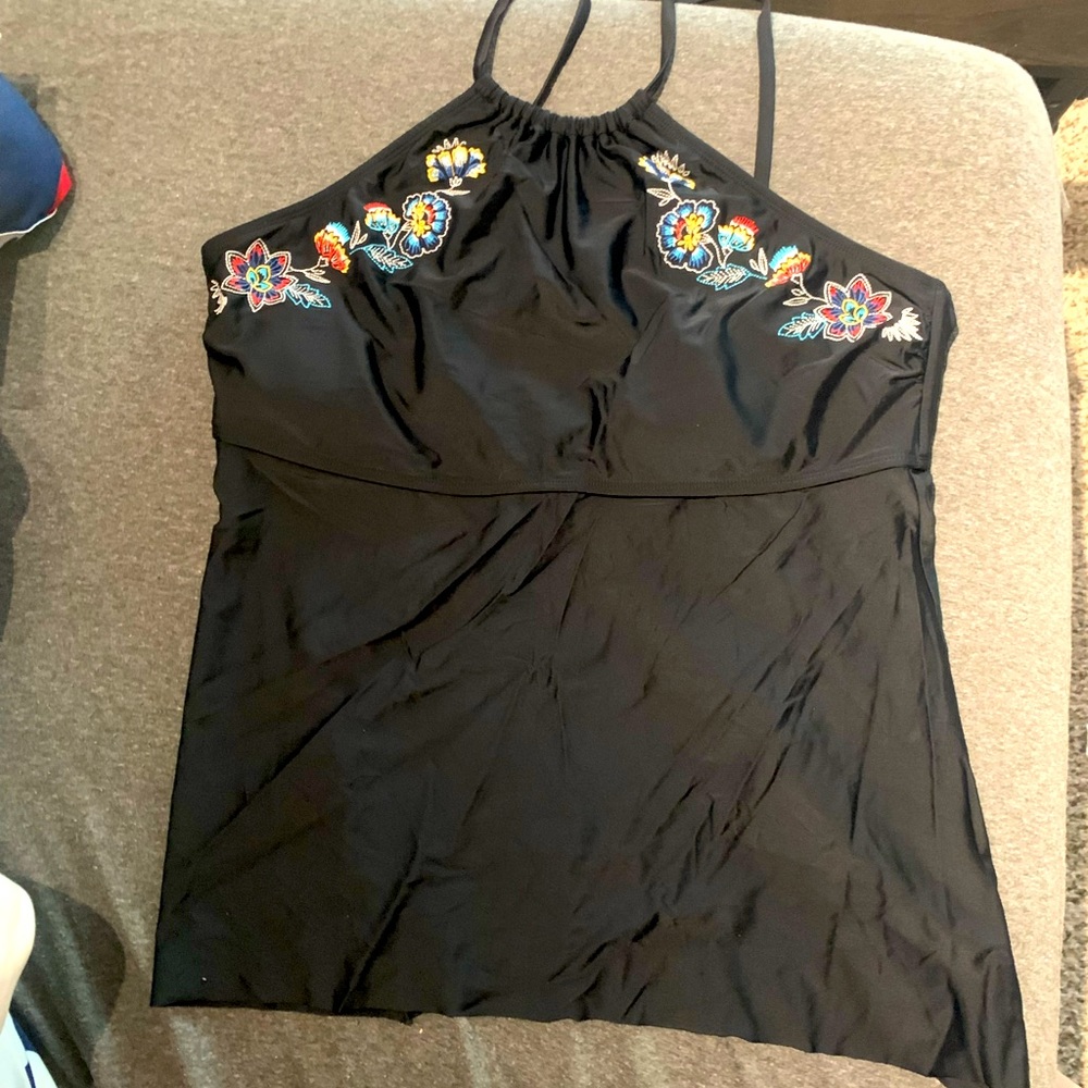 Dip black high neck halter tie back embroidered tankini womens bathing suit top
